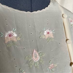 Vintage silk embroidered top with delicate accents & offset buttons, size S